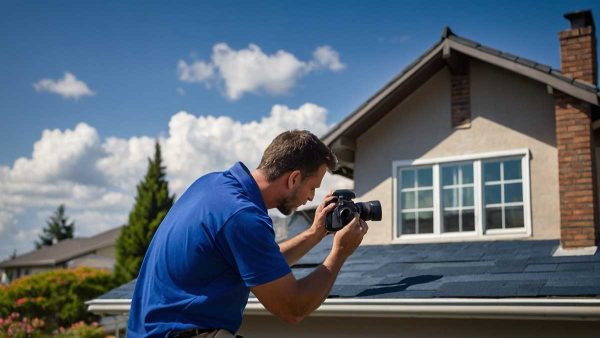 Land employee taking photos of a roof